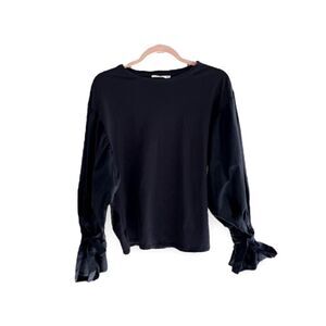 MANGO | 100% Cotton Black Lantern Tie Sleeve Top (S)